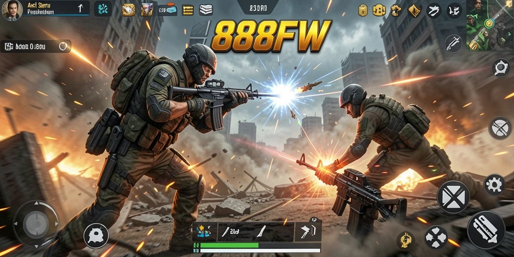 Screenshot gameplay 888FW menampilkan aksi pertempuran yang intens.