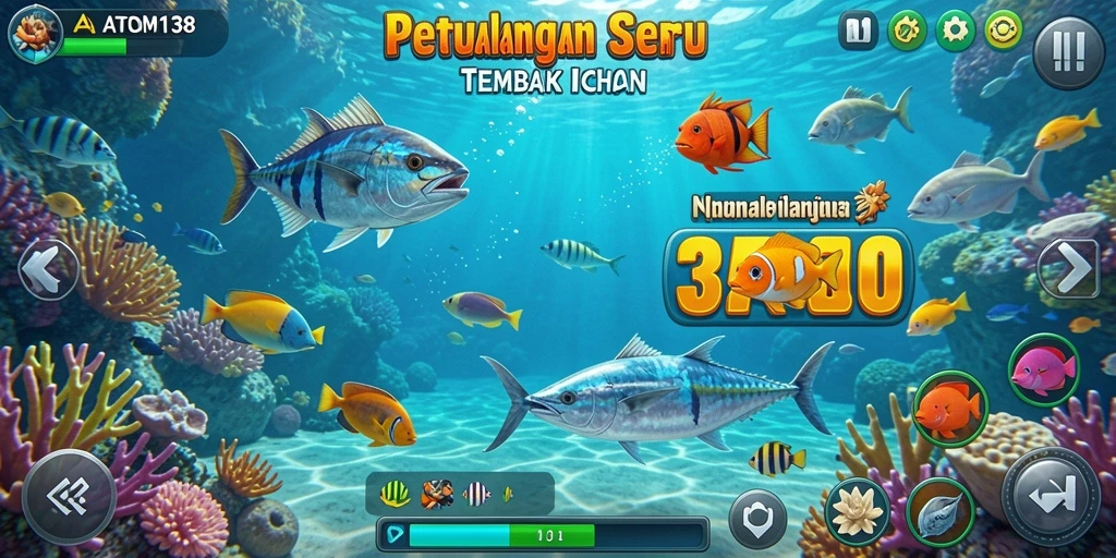 Screenshot gameplay ATOM138 saat menembak ikan di lautan.
