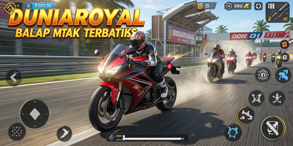 Tampilan gameplay DUNIAROYAL yang mendebarkan saat balapan motor.
