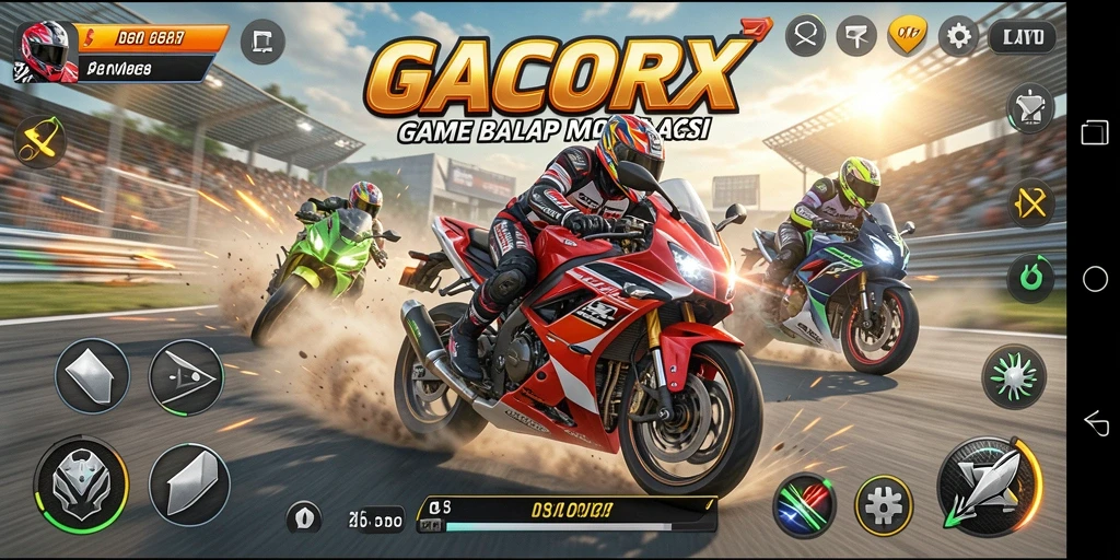 Tampilan gameplay GACORX yang menegangkan dan penuh aksi balapan motor.