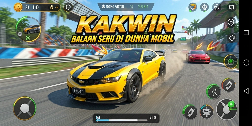 Screenshot gameplay KAKWIN yang menampilkan balapan seru dan mobil yang memukau.