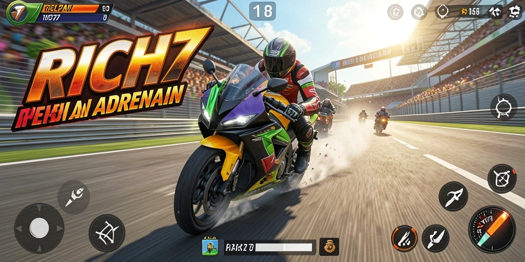 Tangkapan layar gameplay RICH7 yang menegangkan dengan balapan motor.
