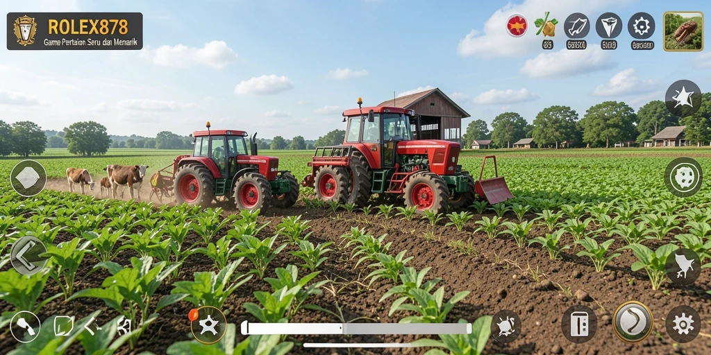 Tampilan gameplay <strong>ROLEX878</strong> yang menarik dengan suasana pertanian yang hidup.