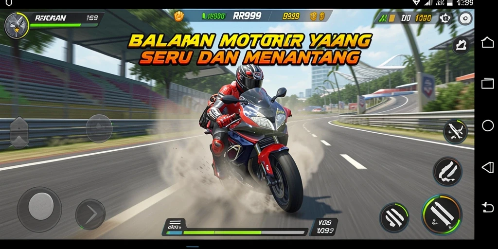 Screenshot gameplay RR999 menampilkan aksi balapan motor yang seru dan penuh adrenalin.