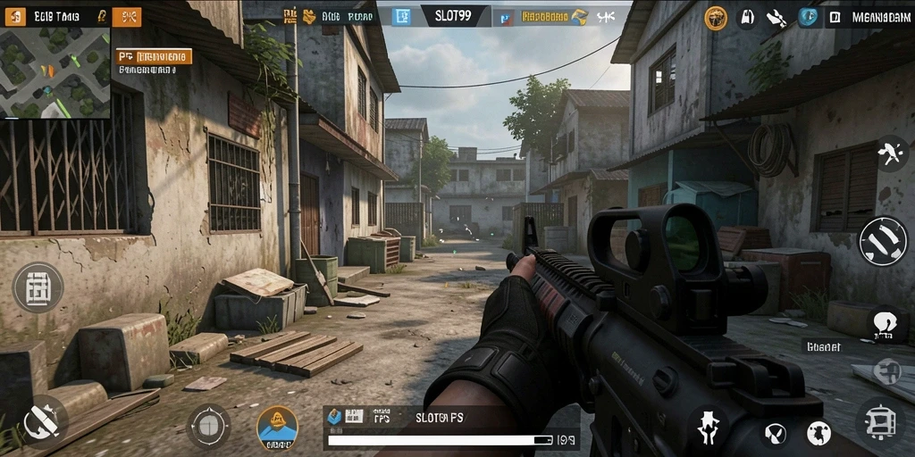 Screenshot utama menunjukkan aksi intens dalam permainan FPS.