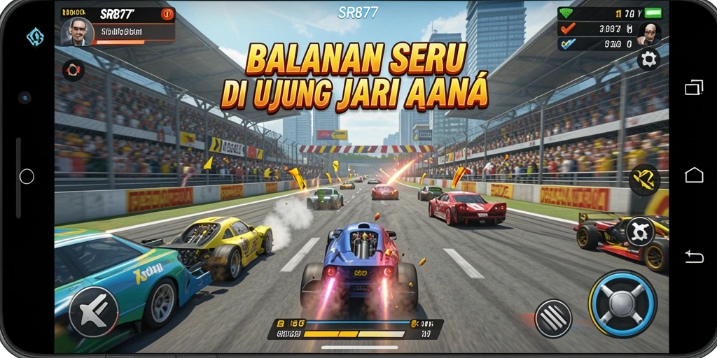 Screenshot gameplay SR877 yang menampilkan balapan intens dan mobil kustom.