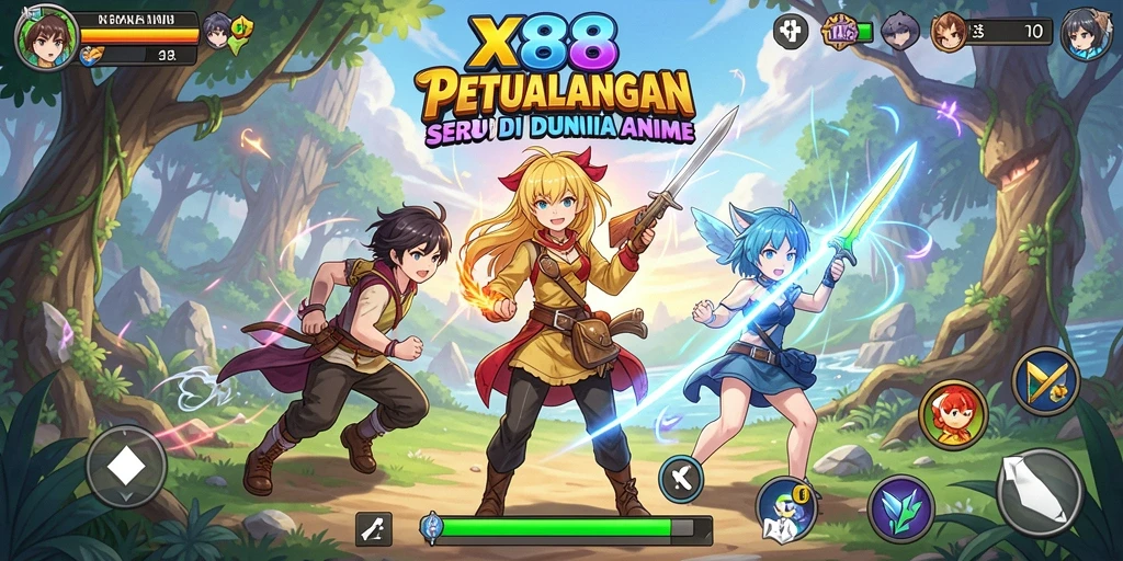 Tampilan permainan X88 dengan berbagai karakter anime bertempur seru.